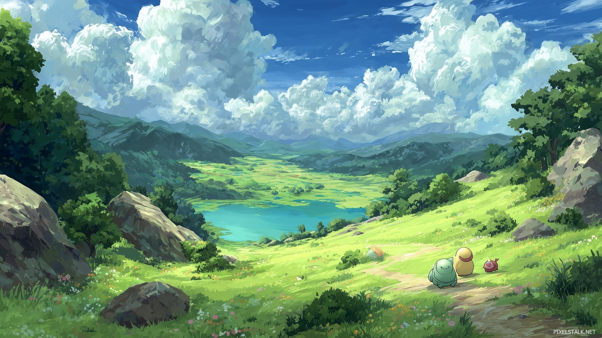 A sunlit valley with a winding path, lake and mountain clouds
